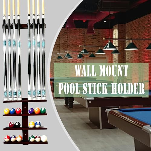 Wall-Mounted Pool Stick Holder, All Handicraft Hardwood Rack for 8-Cue Storage, Billiard Accesories Organizer (BLACK)