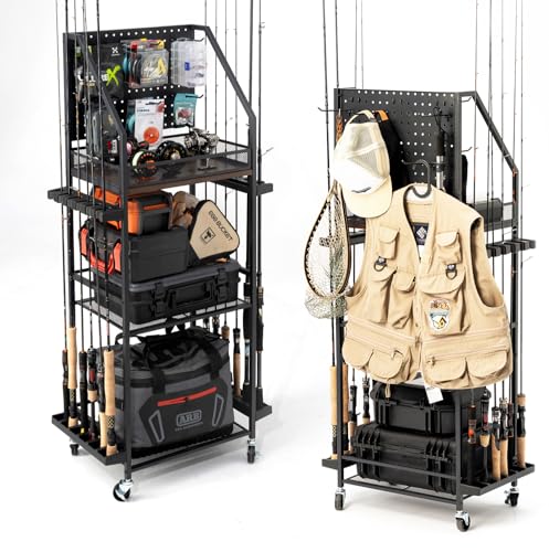 SOYEEZE Fishing Rod Holders for Garage,Fishing Gear Storage and Organization for Tackle Box and Fishing Reels,Fishing Pole Holders for Fishing Equipment with Pegboard and Wheels