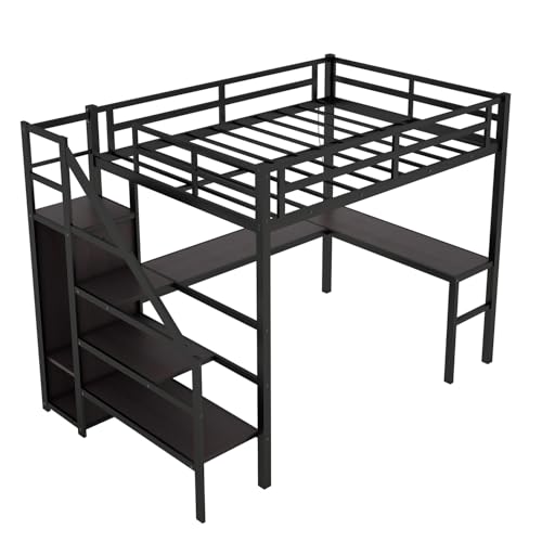 Twin XL Industrial Metal Loft Bed with L-Shaped Desk, USB, LED, Wardrobe, Adjustable Shelves, and Stairs (Black)