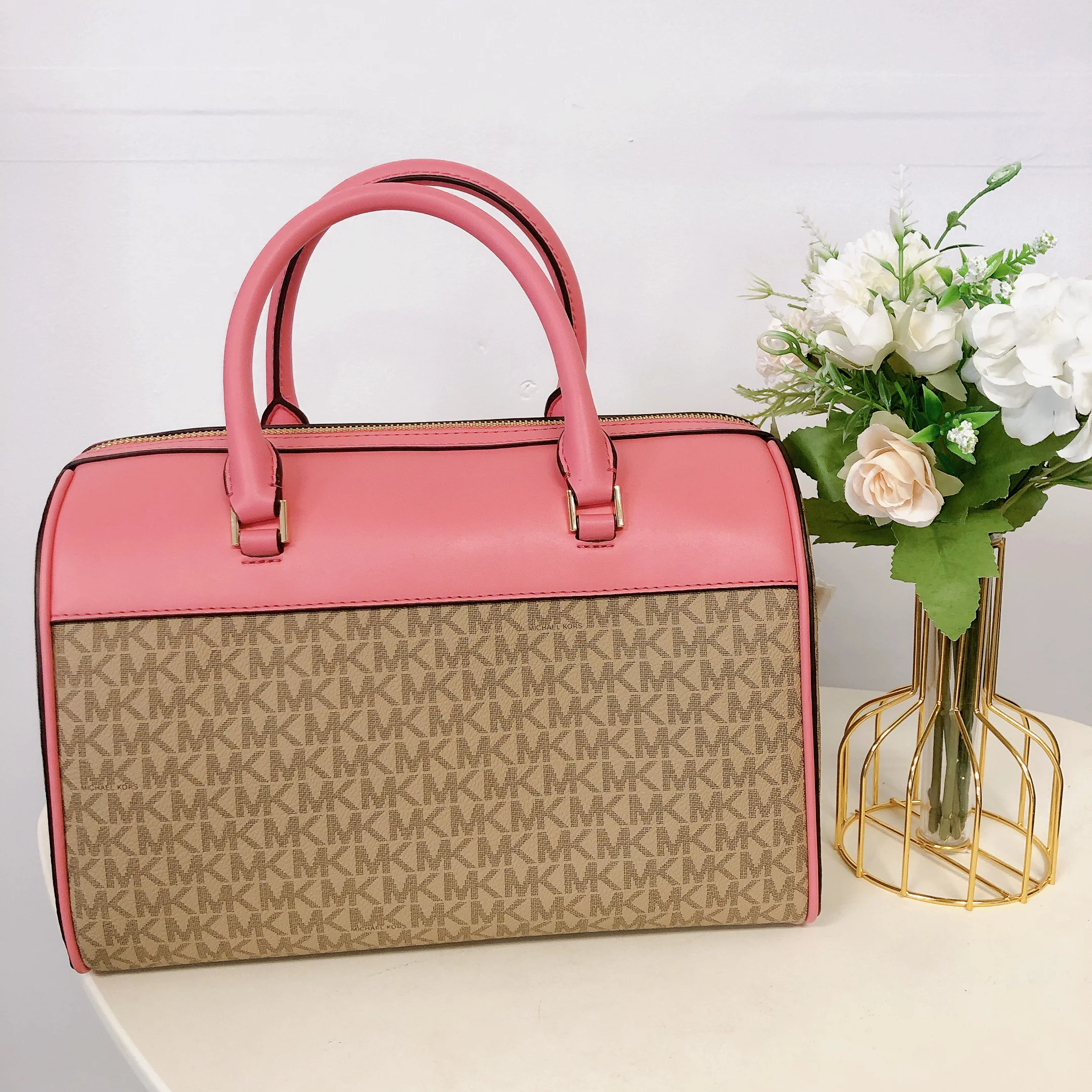 Michael Kors Travel Medium Tea Rose Signature PVC Duffle Crossbody Bag Purse