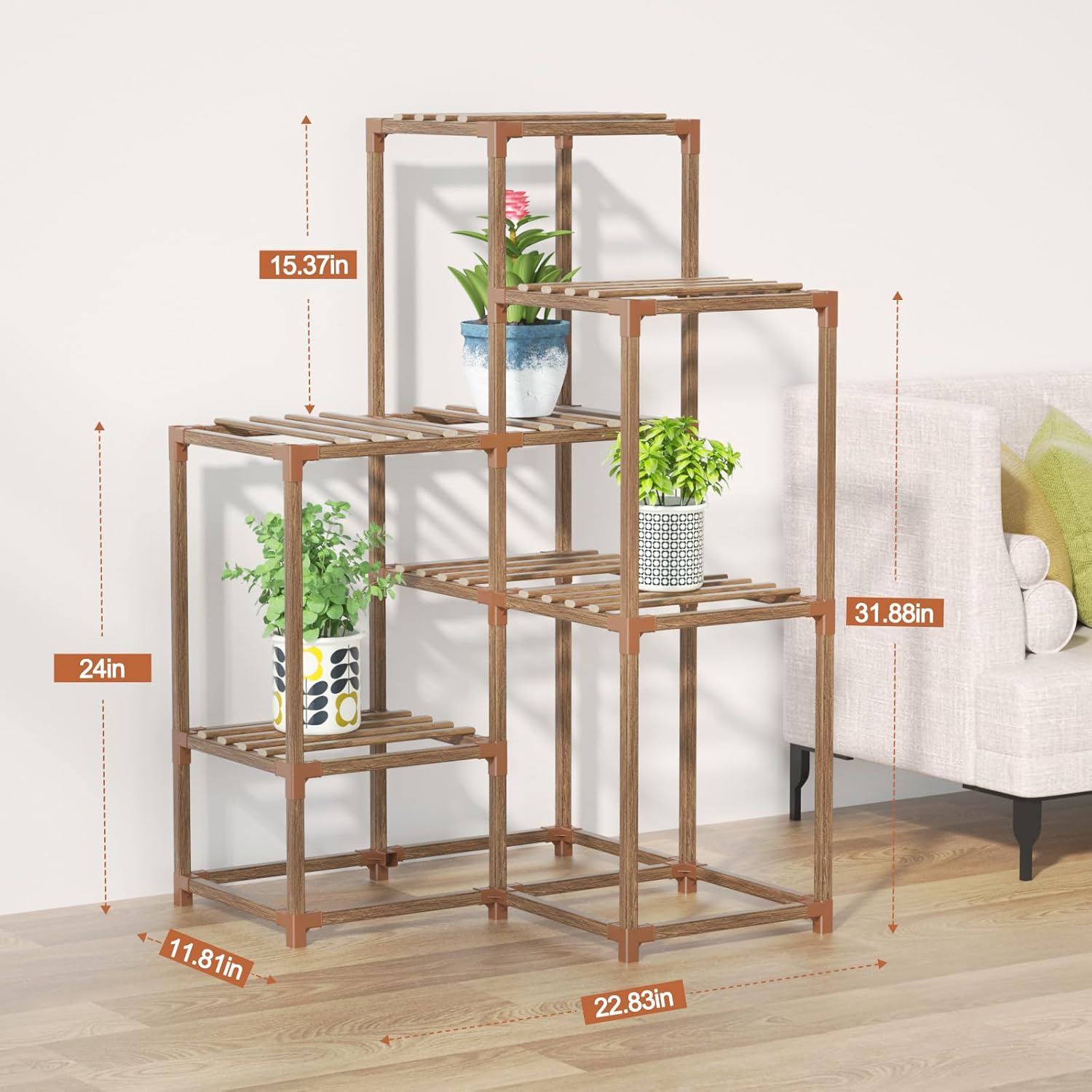 Plant Stand Indoor Outdoor, Shaped Corner 7 Pots Wood Plant Rack Assembled Plant Stand for Multiple Plants, Large Ladder Holder Flower Stand for Patio Balcony Living Room Hallway Garden