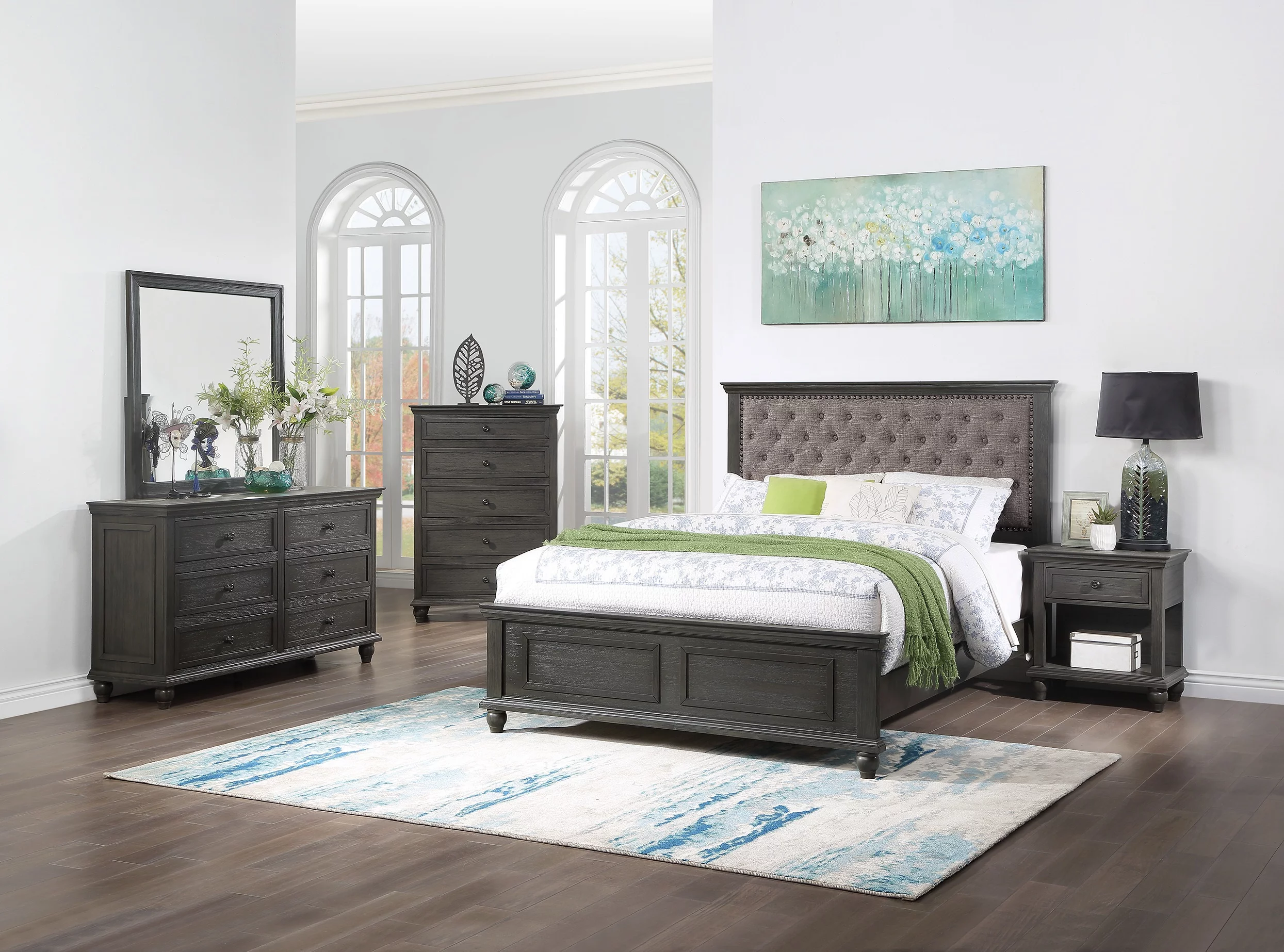 Transitional Style Bedroom Gray Finish 4pc Bedroom Set Eastern King Size Bed Dresser Mirror Nightstand Furniture