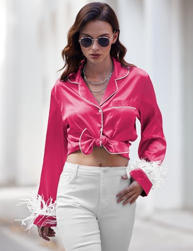 Ekouaer Women's Bridal Feather Trim Silk Satin Pajama Set Long Sleeve Lounge Sets Sleepwear (Removable Feather)