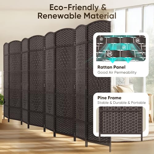 JOSTYLE Folding Privacy Room Divider, 4 Panel Screen Divider 6 ft. Tall Freestanding Extra Wide Rattan Room Partition Wall Separation Dividers, Grey
