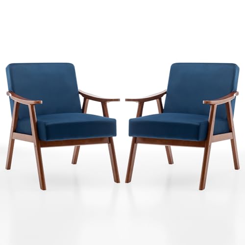 Rovibek Upholstered Accent Chair with Arms - Mid Century Modern Accent Chairs with Wood Frame, Upholstered Arm Chairs with 5.9in Thick Foam, Beige Occasional Chair, Set of 2