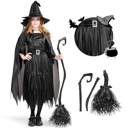 Spooktacular Creations Classic Kids Witch Costume, Toddler Gothic Sorceress Black Witch Dress with Broom and Hat for Girls Halloween Themed Parties, XL