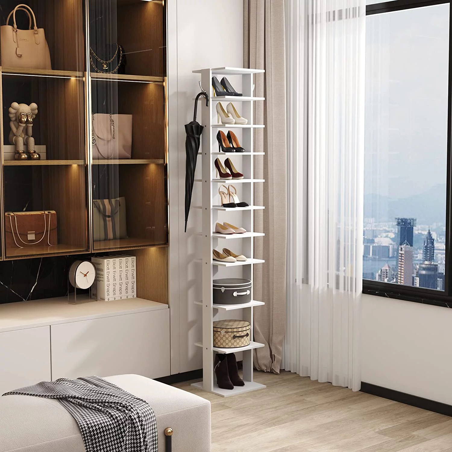 LIHONG 10-Tier Vertical Shoe Rack, Corner Shoe Tower, Slim Shoe Organizer with Two Hanging Hooks, Wooden Shoe Storage Stand for Entryway, Hallway, Closet (White)