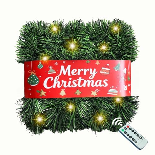 Christmas Garland with Lights, 30 Feet 50 Led Battery Operated Pre-Lit Long Garland Remote Timer for Stairs Railing Fireplace Mantle Office Door Frame Decor Green Greenery Indoor Outdoor Decorations