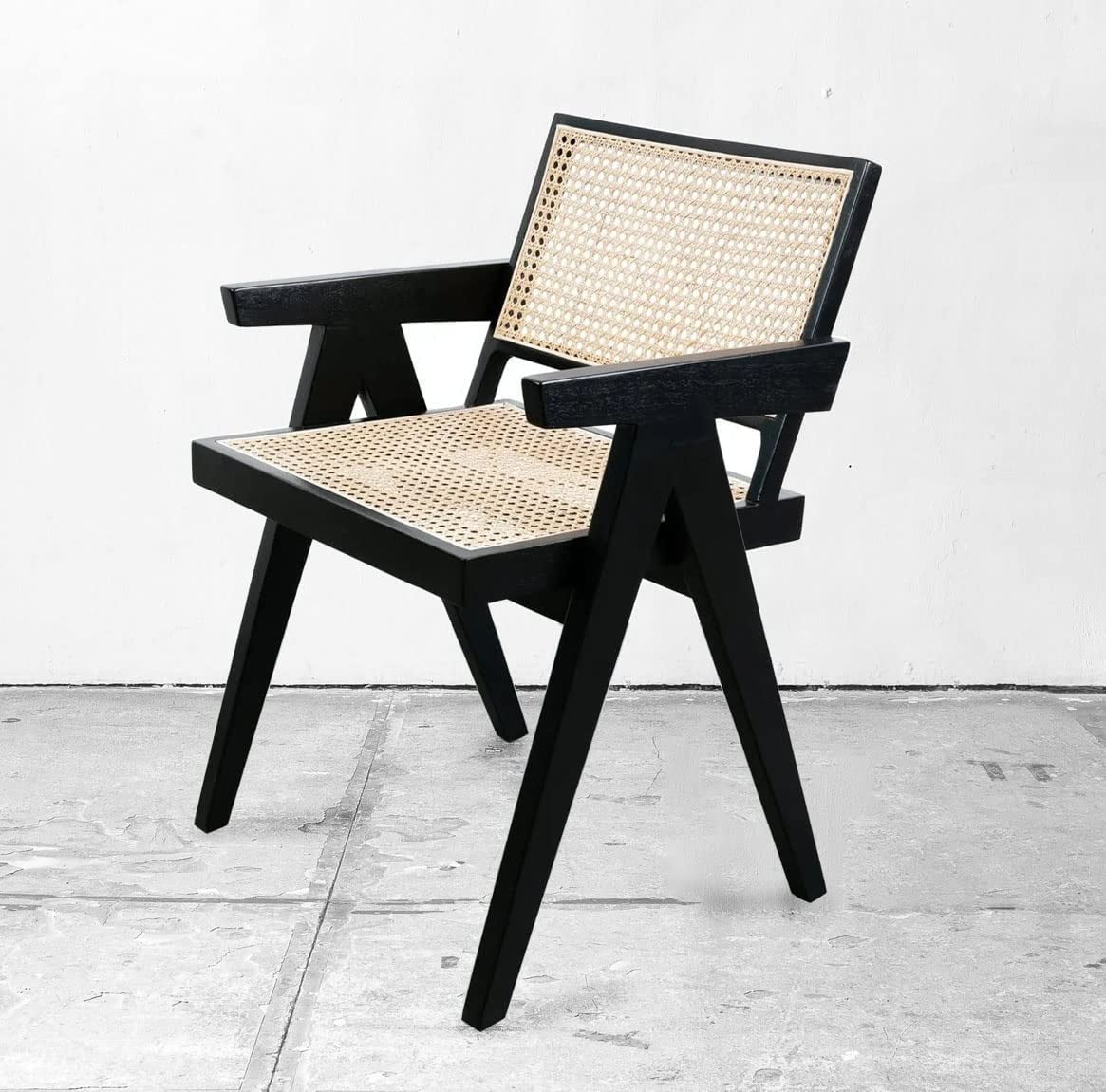 First of a Kind Rattan Cane Dining Chair - Mid-Century Modern Chairs with Mesh Back - Comfy Side Chair with Arms for Dining Room – Farmhouse Wooden Frame Accent Chair for Kitchen - Black