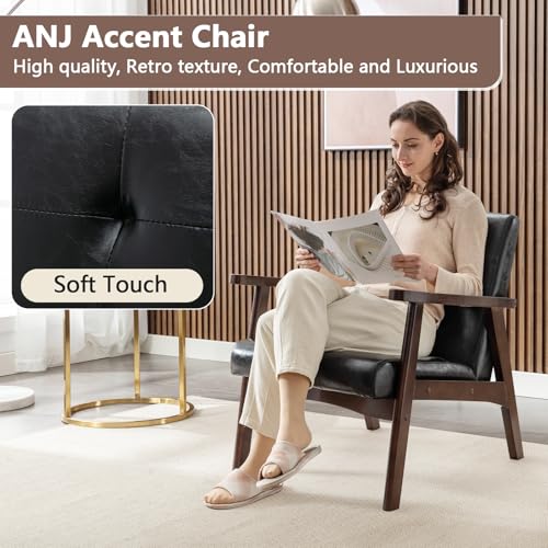 ANJ Mid Century Modern Accent Chair, Tufted Fabric Upholstery, Wood Frame, Beige