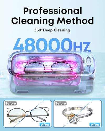 Professional Ultrasonic Jewelry Cleaner, 19oz 48Khz Ring Cleaner Ultrasonic Machine with Degas Function, 30W Sonic Cleaner for Jewelry, Eyeglasses, Necklaces, Retainers, Dentures, Watch Strap(White)