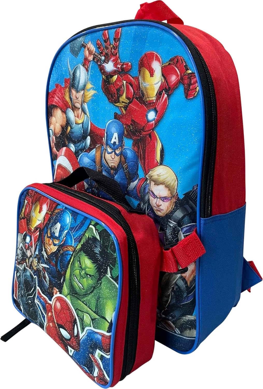 Marvel Avengers 15 Inch Kids Backpack With Removable Lunch Box Set (Red-Blue)