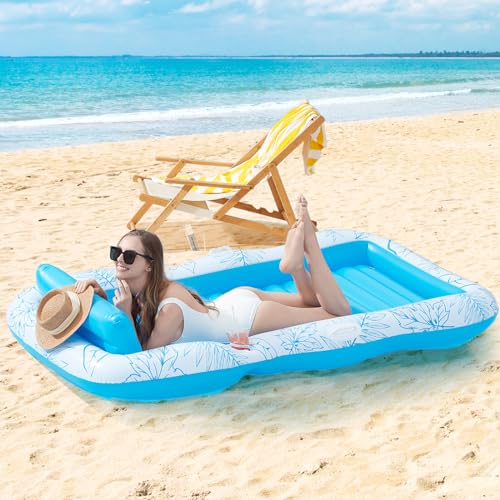 Inflatable Adult Pool Lounger Float - BAIAI Large Beach Sun Tanning Floaty Raft Sunbathing Water Lounge Floaties Tub with Drink Holder - Blow Up River & Lake Suntan Floating Swimming Mattress Mat(L)