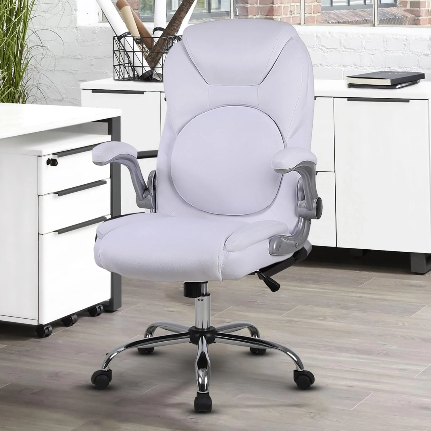JONPONY Velvet Lumbar Support Executive Office Chair, 90°-120° Rocking Ergonomic Home Office Desk Chair with Wheels and Flip-up Armrs, Back Support Work Task Chairs for Women,White