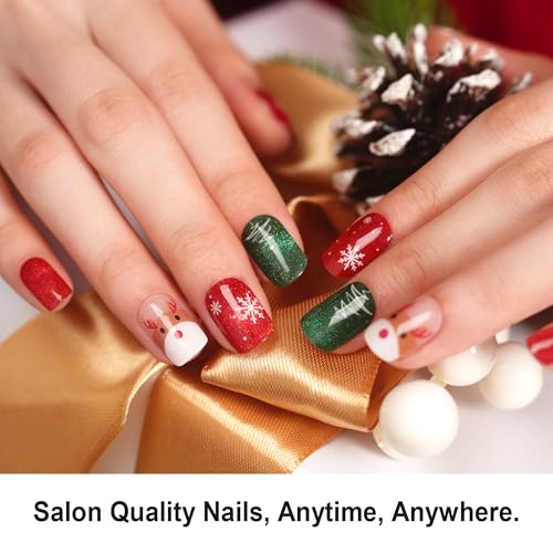 DANNI & TONI Semi Cured Gel Nail Strips Christmas Santa Claus Snowflakes Cat Eye Gel Nail Wraps 28 Stickers | Mistletoe Meow