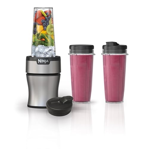 Ninja BN401 Nutri Pro Compact Personal Blender, Auto-iQ Technology, 1100-Peak-Watts, for Frozen Drinks, Smoothies, Sauces & More, with (2) 24-oz. To-Go Cups & Spout Lids, Cloud Silver