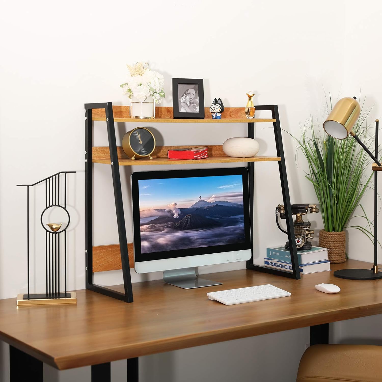 Desktop Bookshelf Wooden Bookcase ,X-cosrack Computer Desk Bookshelf Hutch Storage Organizer Shelves Rack for Office Supplies Organizer, Home Decor 2-Tier Brown