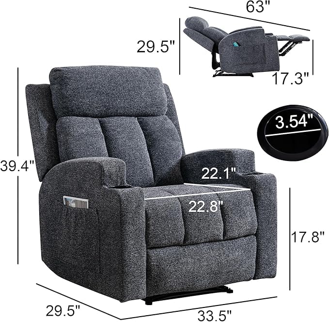 Phoenix Home Manual Recliner Chair with Massage and Heat Ergonomic Overstuffed Breathable Fabric Reclining Chair with 2 Side Pockets, 2 Cup Holders, Remote Control, Living Room, Bedroom, Gray
