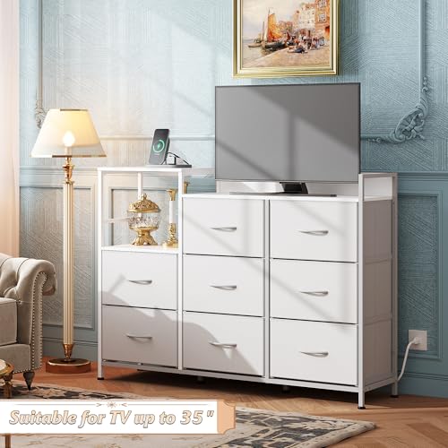 WLIVE White Dresser TV Stand for Bedroom with Charging Station and Open Shelves, Fabric Dresser with 8 Drawers and Wood Top, Wide Storage Chest of Drawers for Living Room, Hallway