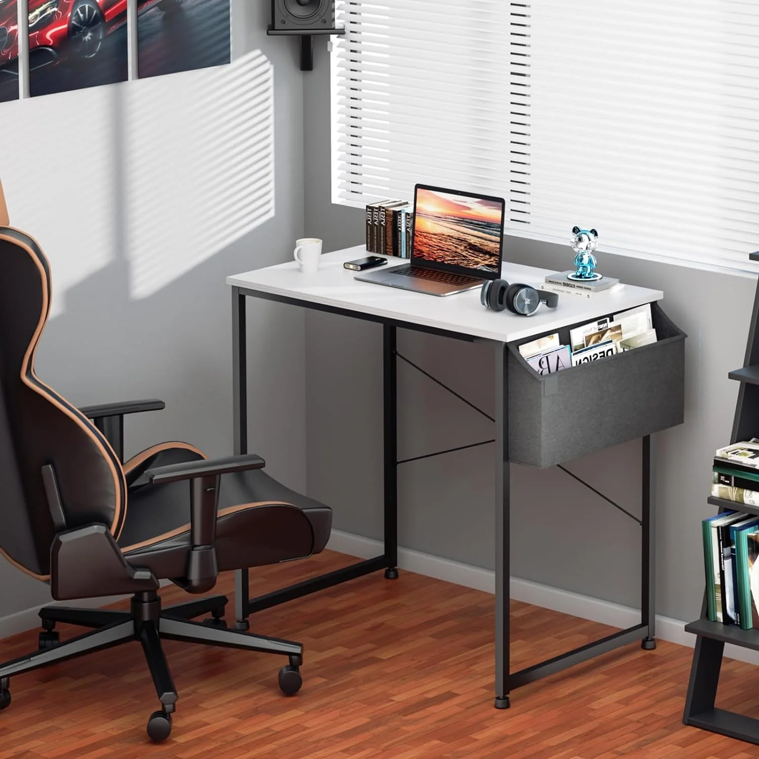 Simple Computer Desk Modern Study Student Writing Table With Storage Bag For Home Office Bedroom Gaming Desk, White