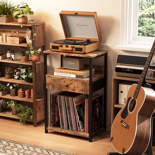 BOLUO Black Record Player Stand with Vinyl Storage and Drawer,Record Player Table with Charging Station and LED Light,Turntable Stand for Album CD