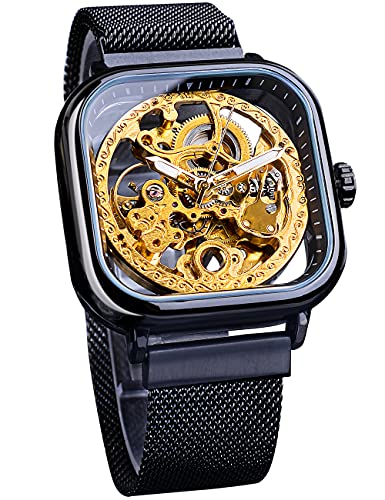 FORSINING Automatic Watches Mechanical Wrist Watch Golden for Mens Skeleton Watches with Stainless Steel Transparent Dial with Royal Flower Movement Carving