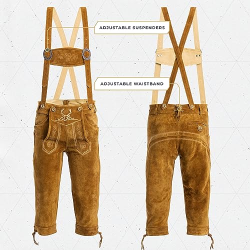 Lederhosen Men - Genuine Leather Authentic German Lederhosen for Men, Oktoberfest Outfit - Light Brown Knee