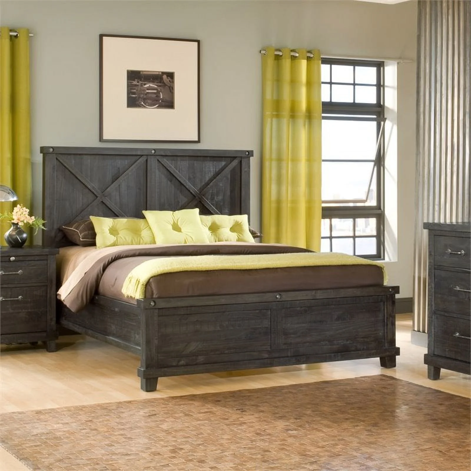 Bowery Hill Modern King Solid Pine Wood Panel Bed in Espresso Finish