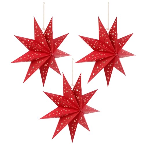 3Pcs Paper Star Lantern Lampshade 9 Pointed Star Hanging Decorations for Christmas New Year Wedding Party Holiday Birthday, 13.78 x 13.78 x 5.12 Inch