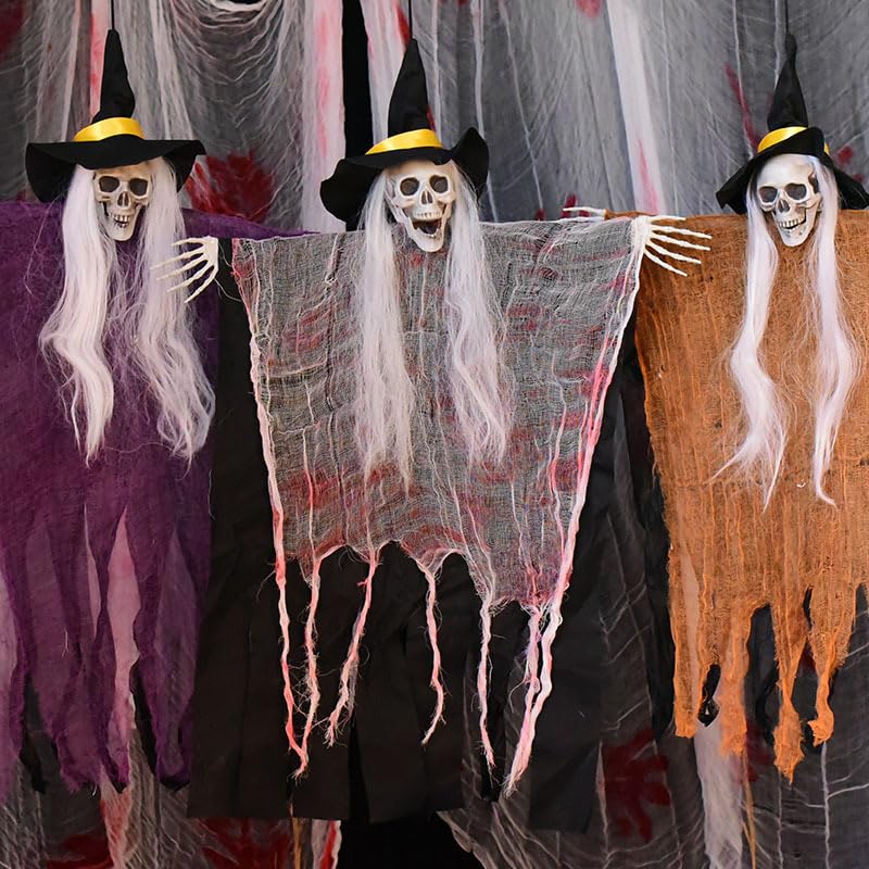 AONEGOLD 3 Pack Skeleton Ghosts Hanging Spooky Decor with White Hair Witch Hats Outdoor Halloween Decorations for Haunted House Party Flying Bone-Chilling Phantom Props Gift.