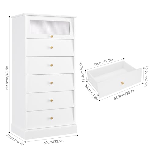 finetones 6 Drawer Dresser Black Dresser, 48.7'' Tall Black Dresser Chest of Drawers, Black and Gold Dresser with Glass Drawer, Gold Dresser Modern Dresser for Home Office