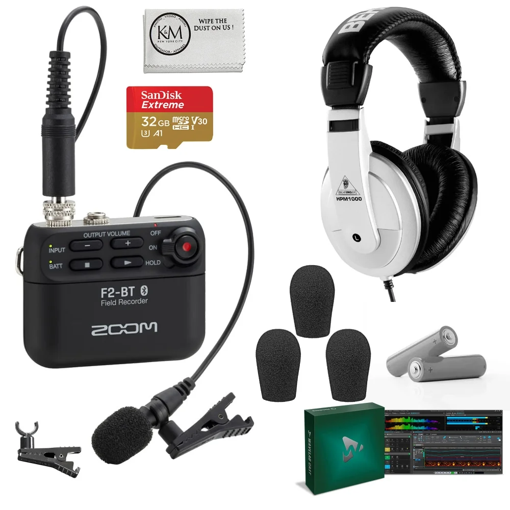 Zoom F2-BT Field Recorder Bundle with Micro-SD 32GB + Headphones + Microfiber Cleaning Cloth (4 Items)