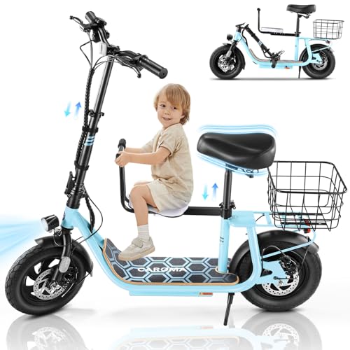 Caroma Peak 500W/800W/1200W Electric Scooter with Seat, 30 Miles Max Range Electric Scooter Adults&Teens, 48V Large Battery, 20MPH Top Speed Foldable Ebike, Adjustable E-Bike with Basket&Kid Seat