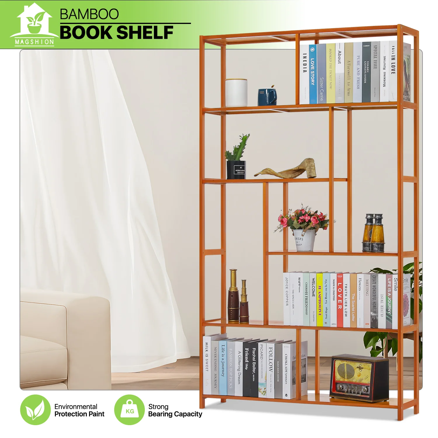 Magshion Bamboo 6 Tiers Modern Bookshelf, Open Bookcase, Books Display Shelf, Brown, for Home