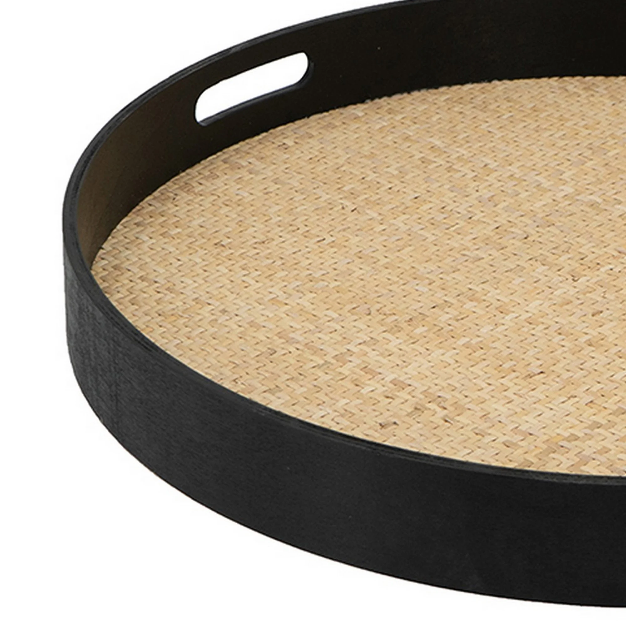 Benjara BM302619 20 in. Zam Rattan Woven Bottom Round Wood Decorative Tray, Black & Brown