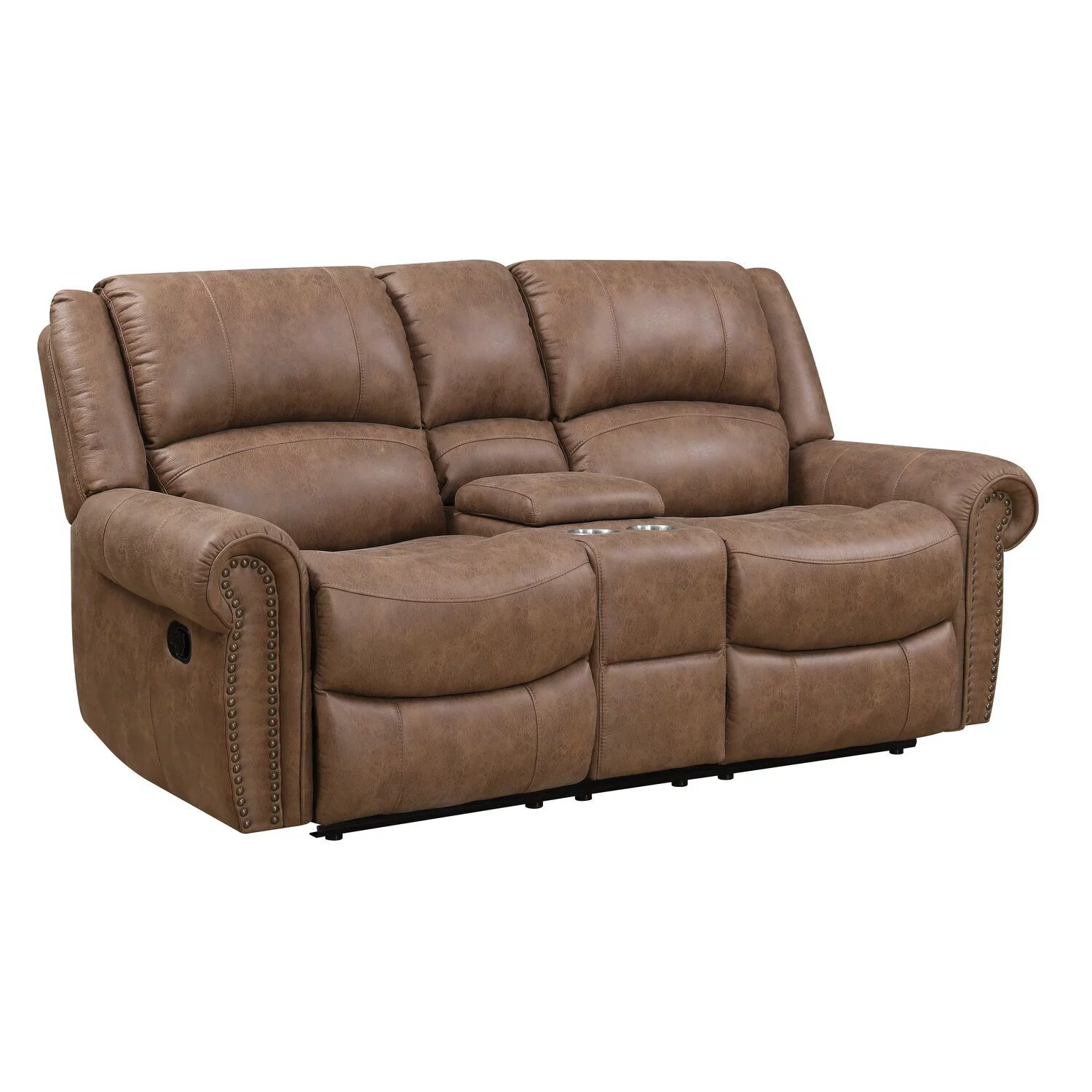Wallace & Bay Pruitt Weathered Brown Reclining Loveseat with Dual Recliners, Center Storage, And Cupholders
