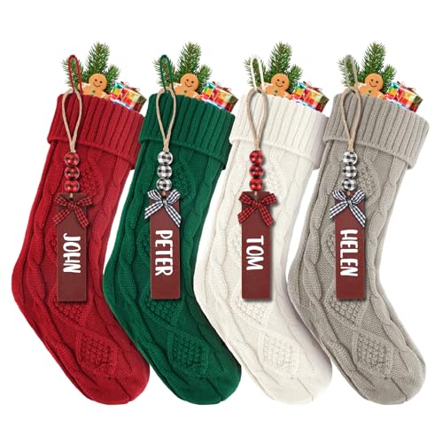 6PACK LumaBria18Inch Cable Knitted Personalized Christmas Stockings, Personalized Hanging Stockings for Holiday Party, Christmas Tree, and Family Home Decor in Red, White, Green