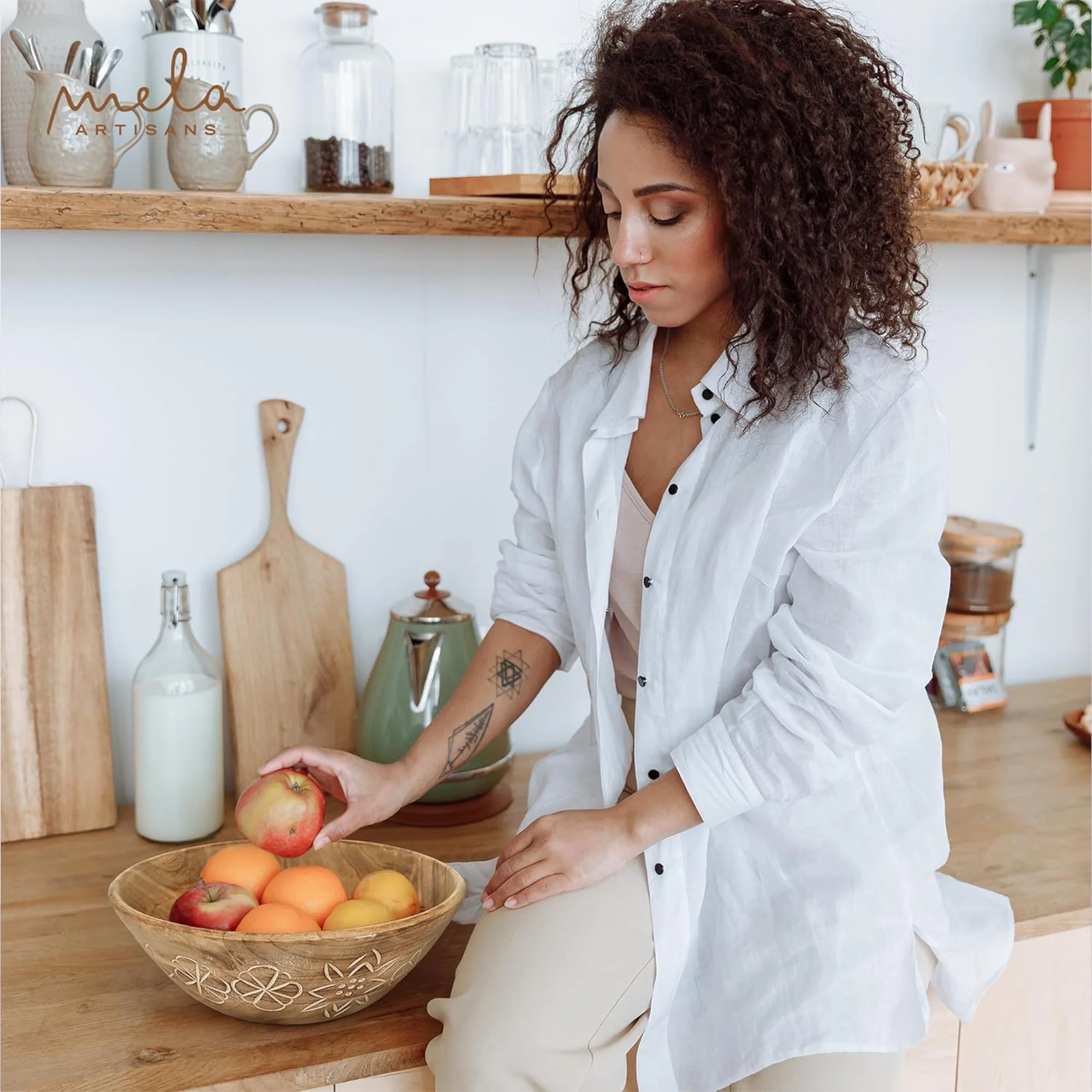 Mela Artisans hand Carved Large Wooden Serving Bowl - Natural Over White, 12