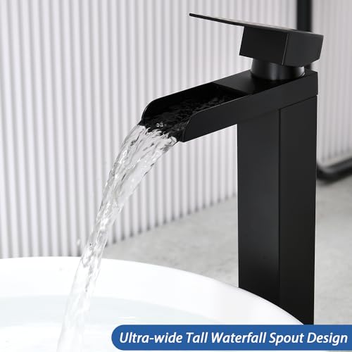 Black Waterfall Bathroom Faucet, Single Handle Bathroom Sink Faucet，Rv Vanity Vessel Faucets for 1 or 3 Hole with Pop-up Drain and Hose KMBF014B