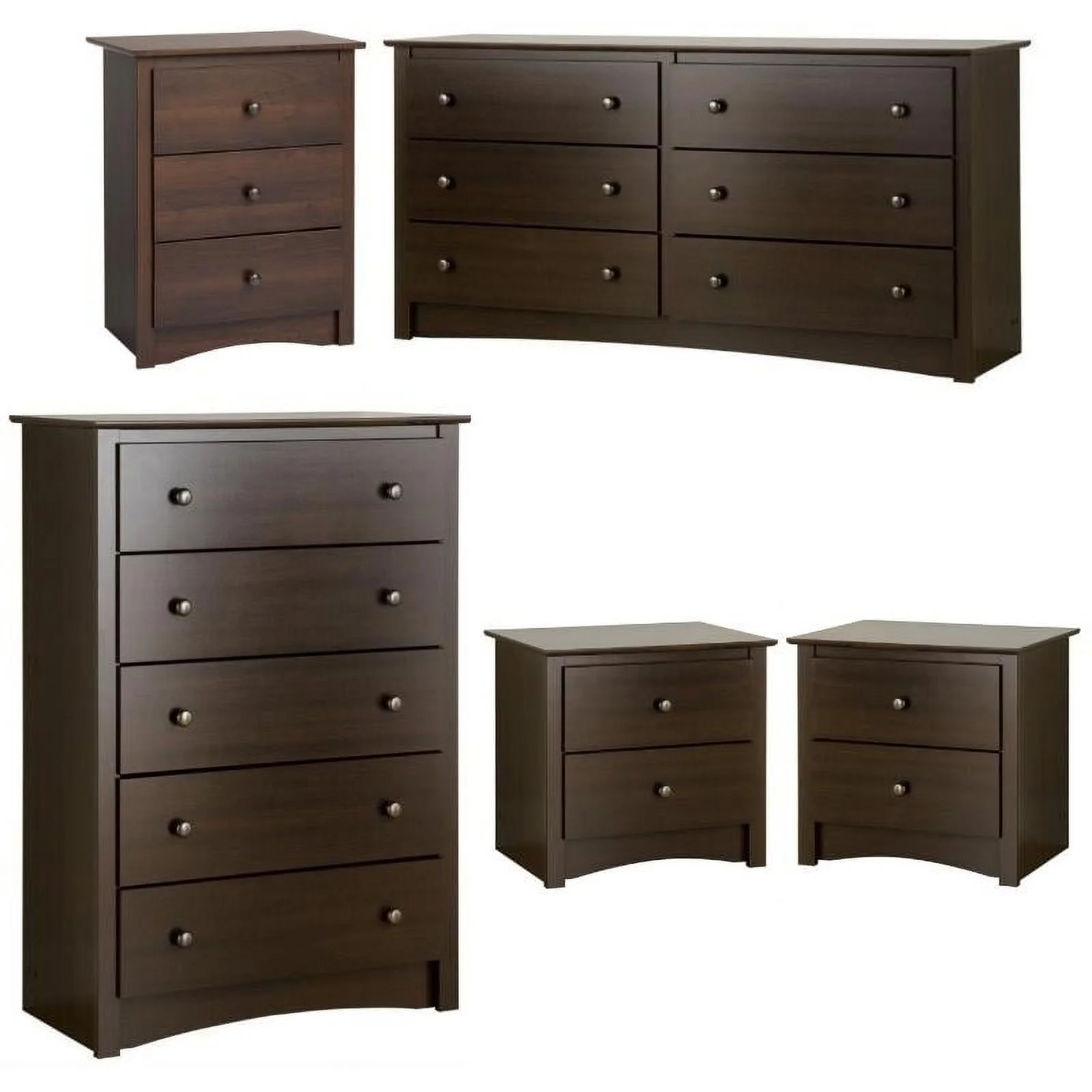 Home Square 5-Piece Set with 2 Night Tables Chest Dresser and Tall Nightstand