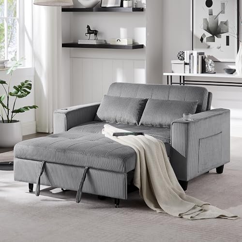 OKD 3 in 1 Convertible Sleeper Sofa Bed, Corduroy Pull Out Futon Couch with Charging Station & Cup Holder, Folding Loveseat Sofa Bed with Side Pocket for Living Room, Light Grey