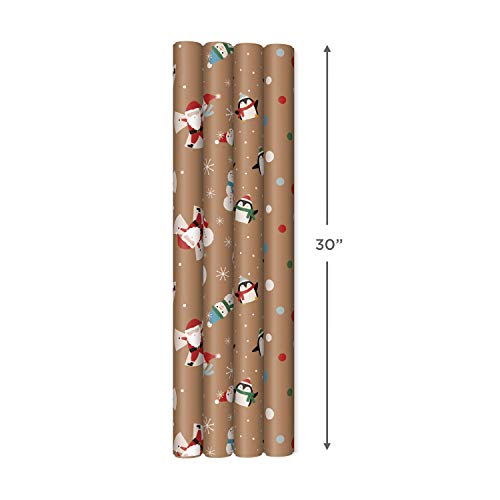 Hallmark Christmas Wrapping Paper Bundle with Cut Lines on Reverse, Kraft (Pack of 4, 88 sq. ft. ttl) Red Trucks, Snowflakes, Stripes, Merry Christmas (5JXW1038)
