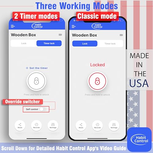 Habit Control App Controlled Timed Lock Box | Wooden Lock Box with Timer | Locked Snack Box with Electronic Timer Lock | Time Locking Container Safe for Medicine, Video Games