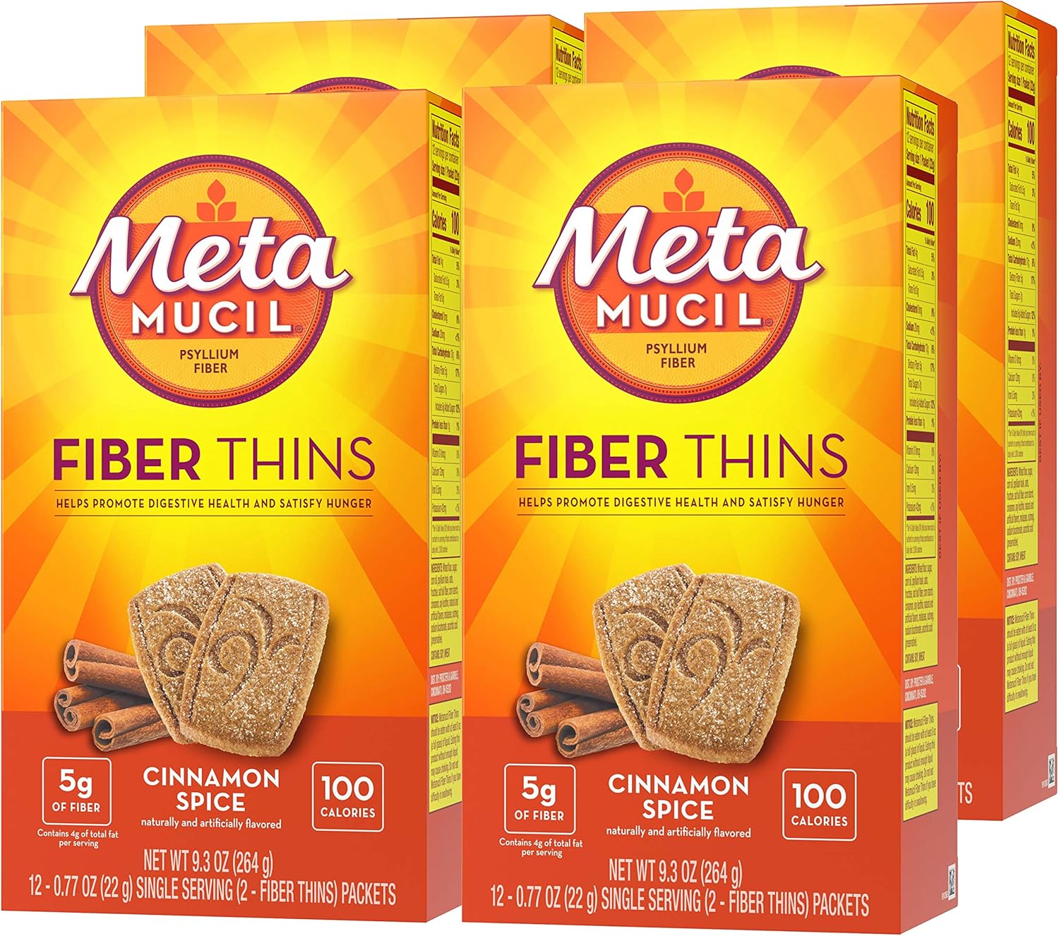Metamucil Fiber Thins, Daily Psyllium Husk Fiber Supplement, Supports Digestive Health and Satisfies Hunger, Cinnamon Spice Flavor, 4 Packs x 12 Servings (48 Total Servings)