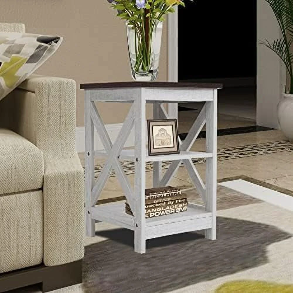 Side Table  Modern Farmhouse Wood End Table with 3-Tier   White Oak