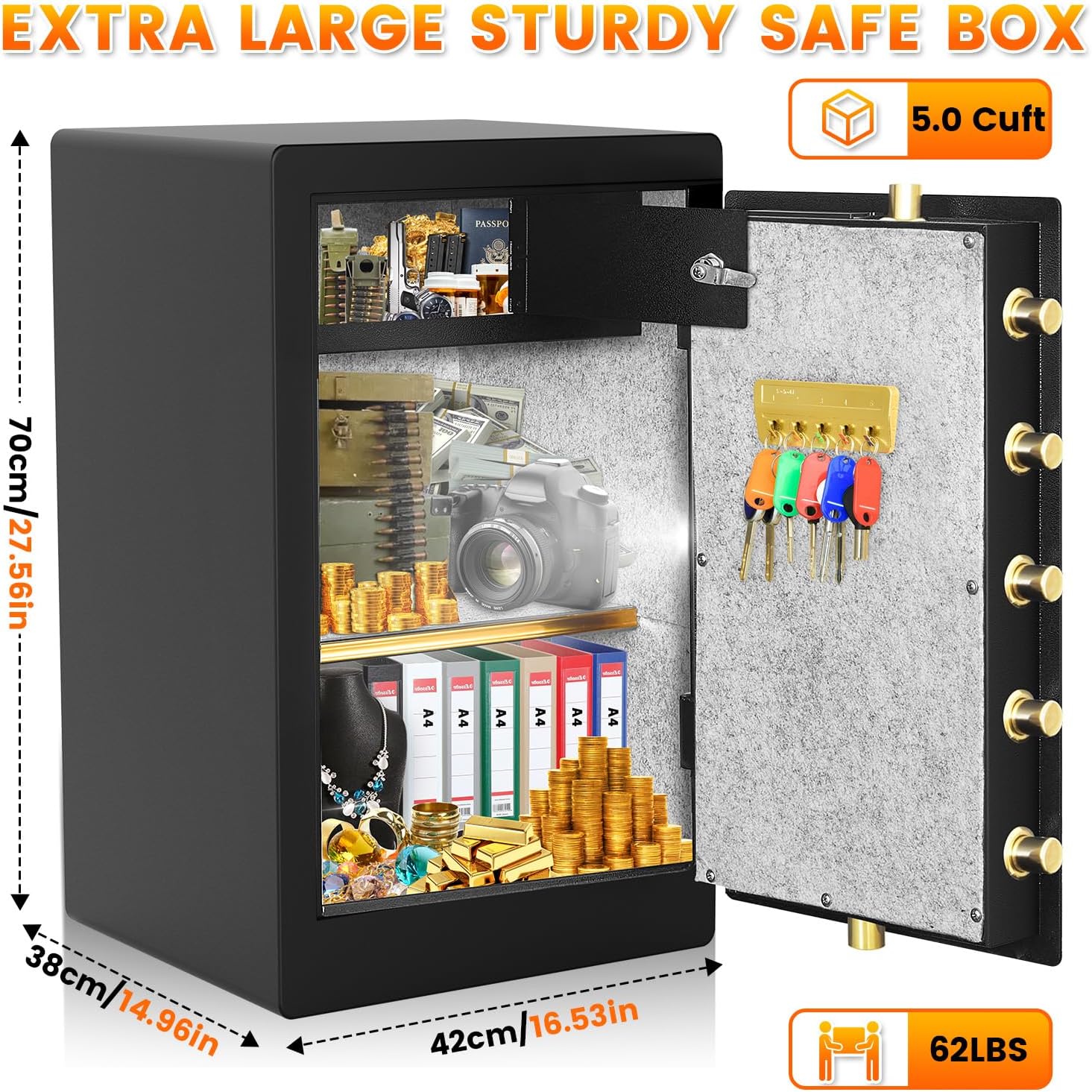 5.0 Cuft Extra Large Fireproof Safe Box For Home, Heavy Duty Digital Home Safes Fireproof Waterproof with Key Combination Lock, Sensor Light, Security Document Fire Safe for Business Money Medicine