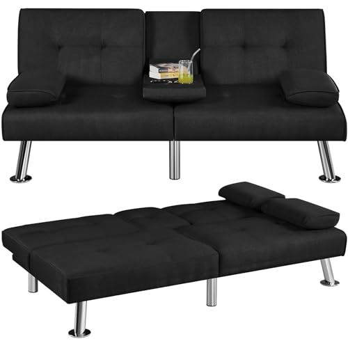 Yaheetech Convertible Sofa Bed Adjustable Fabric Couch Sleeper Modern Recliner Reversible Loveseat Folding Daybed Guest Bed, Removable Armrests, Cup Holders, 3 Angles, 772lb Capacity, Dark Gray