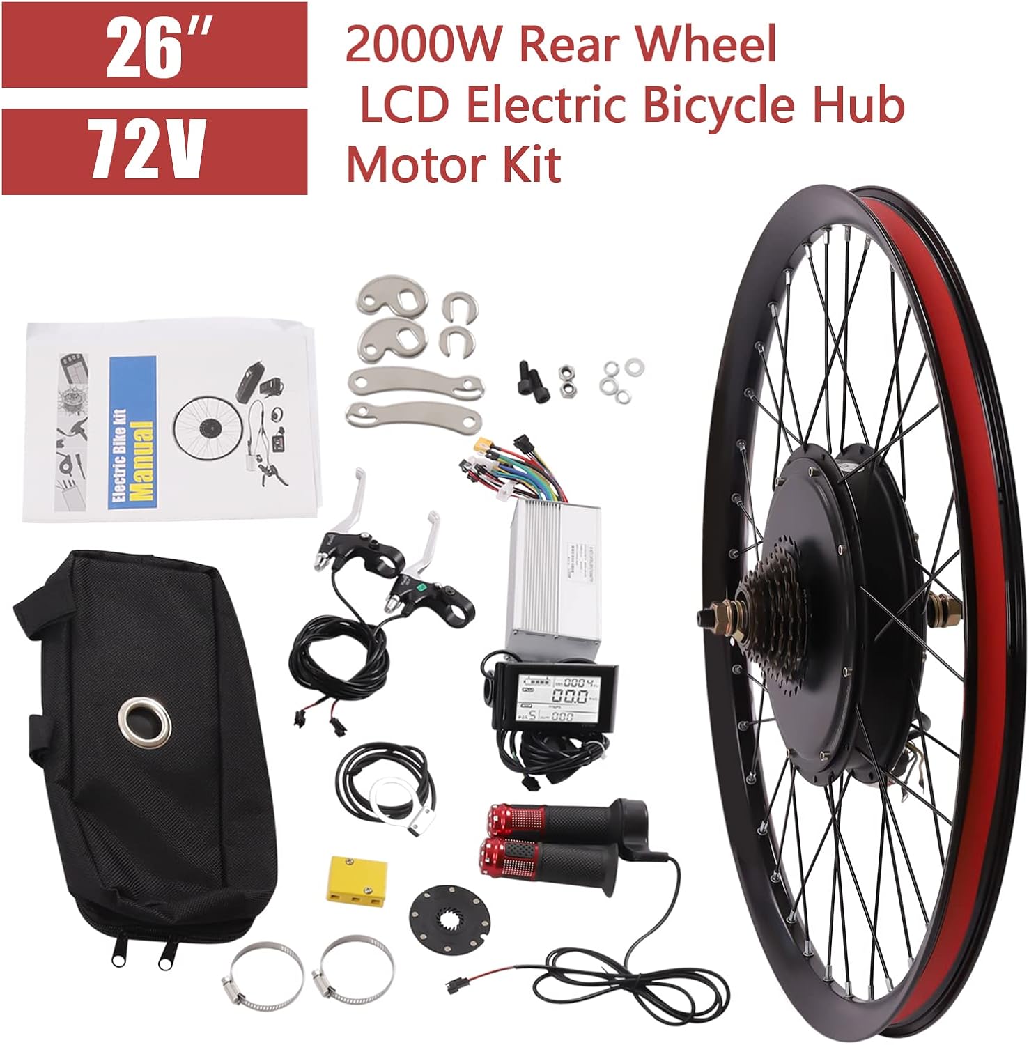 Electric Bicycle Wheel Kit Front/Rear Wheel Hub Motor Electric Bike Conversion Kit, E-Bike Brushless Gear Motor Powerful Hub Motor Waterproof w/LCD Display