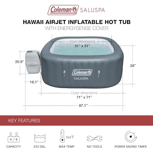 Coleman SaluSpa AirJet 4 to 6 Person Inflatable Hot Tub Square Portable Outdoor Spa with 140 Soothing AirJets and Insulated Cover, Gray