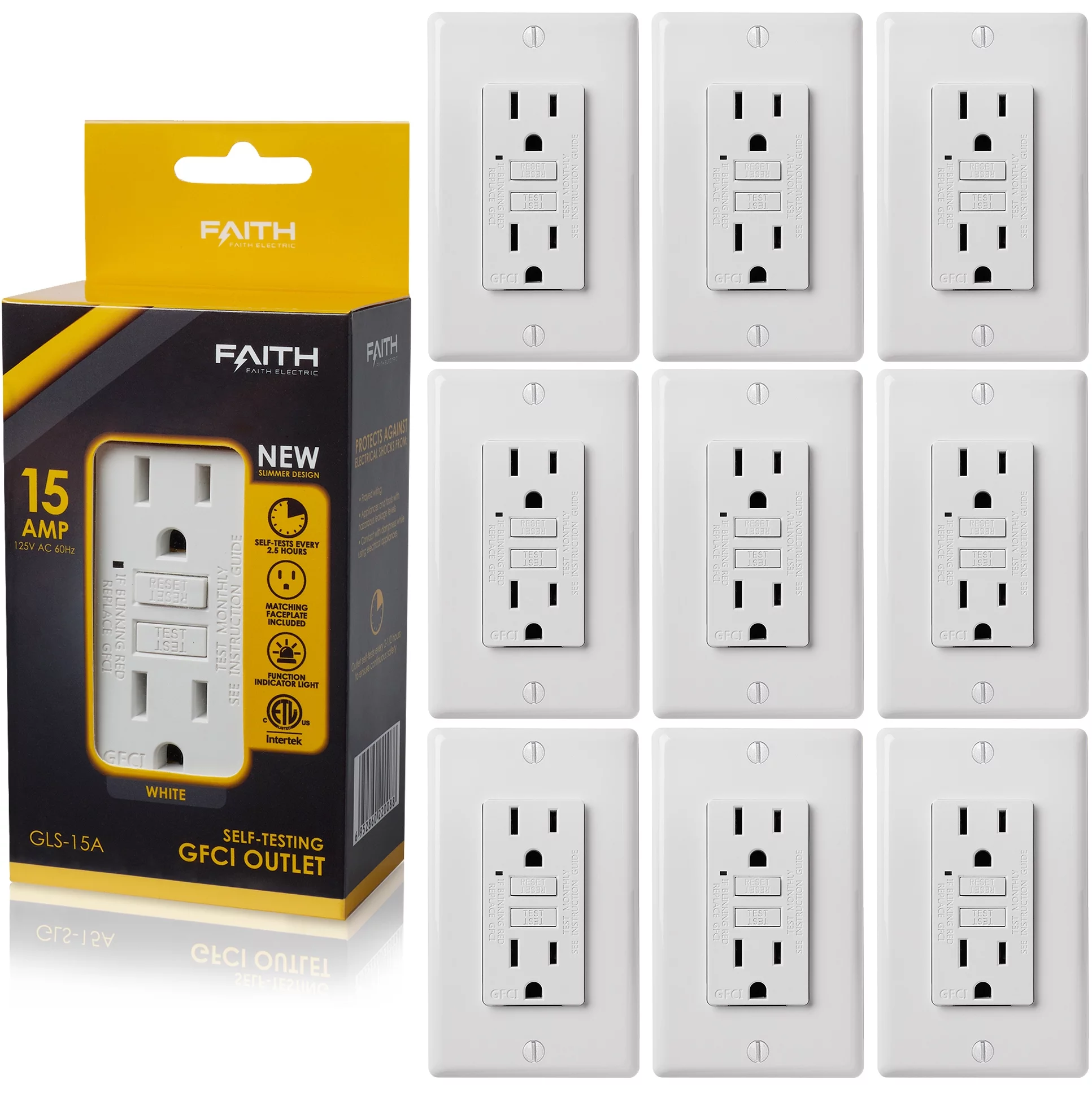 Faith 15A GFCI Outlets, Slim, Non-Tamper-Resistant GFI Duplex Receptacles with LED Indicator, Self-Test Ground Fault Circuit Interrupter with Wall Plate, ETL Listed, White, 10 Pack
